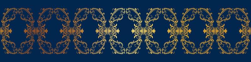Seamless golden border of abstract flowers on elegant dark blue background for decorative ornament. vector