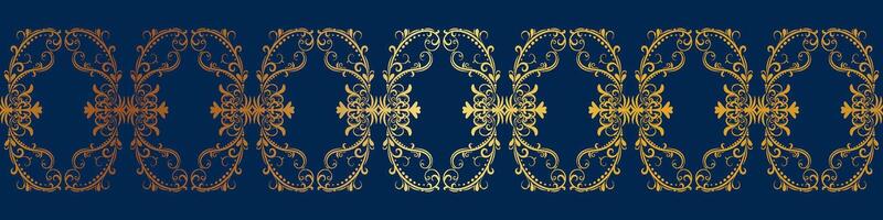 Seamless golden border of abstract flowers on elegant dark blue background for decorative ornament. vector