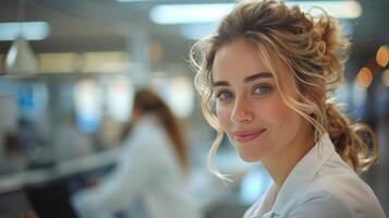 ai generado mujer en blanco camisa sonriente foto