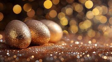 AI generated Three gold Easter Eggs on Glittery Ground photo