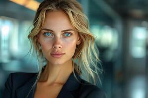 AI generated Beautiful Blond Woman With Blue Eyes Posing for Picture photo