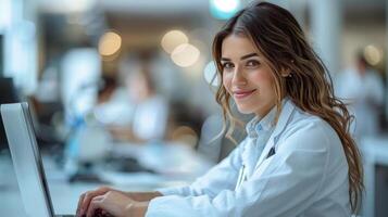 AI generated Woman Sitting in Front of Laptop Computer photo