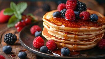 AI generated Stack of Pancakes Topped With Berries and Syrup photo