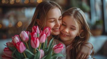 AI generated Two Young Girls Hugging With Pink Tulips photo