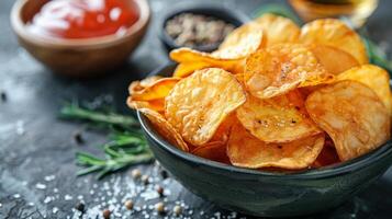 ai generado cuenco de patata papas fritas con salsa de tomate foto