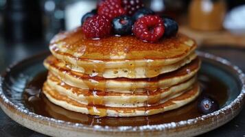 AI generated Stack of Pancakes Topped With Berries and Syrup photo