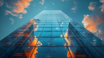 AI generated Reflective Glass Building With Clouds photo