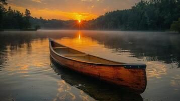 ai generado barco navegación en río a puesta de sol foto