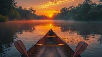 ai generado barco navegación en río a puesta de sol foto