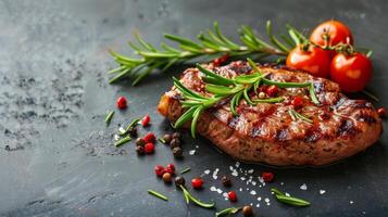 AI generated Steak With Rosemary and Tomatoes on Slate Surface photo
