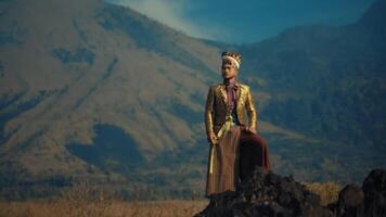 Woman in traditional attire standing before mountain landscape at dusk. video