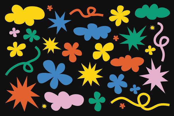 Abstract cloud and flower shapes sticker pack. Groovy funky flower, star, waves in trendy retro 90s cartoon style