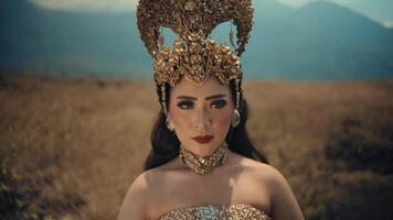 Woman in golden costume with ornate headdress in a mountainous landscape. video