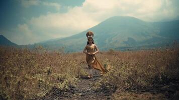 Woman in traditional dress walking through a field with mountains video