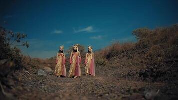 traditionnel femmes dans coloré Robes en marchant sur une rural chemin en dessous de une clair bleu ciel. video