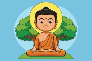 Vector illustration of Siddhartha Gautama enlightened under Bodhi tree, enlightenment of the Buddha under the Bodhi tree