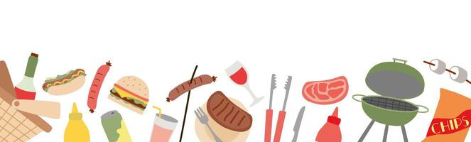 Banner with Elements for Barbecue party. Grill, Sausage, Chips, Tongs, Picnic Basket, Steak on White background. Flat or Cartoon Vector Horizontal Illustration, Web template, Poster, Frame, Border.