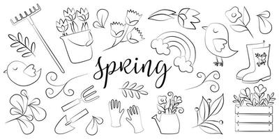 Big Linear Spring Set. Black and white collection of Design Elements for Gardening. Vector outline Illustration with Bird, flowers, Tools. Line art Coloring page, Contour Drawing for Card, Poster.