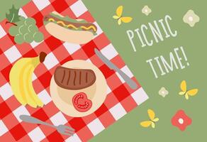 Picnic Flat lay. Vector Cartoon illustration of Bbq party Poster with grilled meat, Fruit, Checkered Plaid. Barbecue Banner with Text Party time. Template for Ads, Card, Invitation, Design Art Graphic