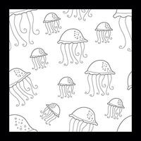 Funny Jellyfish Seamless Pattern. Outline Doodle Background, Ocean and Sea concept, Nautical Life, Underwater. Hand drawn Vector Black and White Illustration, Template for Print, Textile, Wrapping.