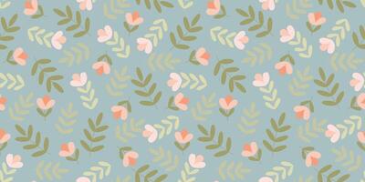 Spring Seamless Pattern with Flat style Flowers and Leaves. Retro Cartoon Vector Illustration. Cute design for Textile, Fabric, Wrapping paper, Cover. Hand drawn Botanical Endless Background.