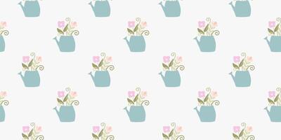 Spring Seamless pattern. Garden Watering Cans with Delicate Flowers bouquet. Color Background for Easter. Template for Print, Textile, Poster, Card, Cloth. Vector Flat illustration in pastel colors