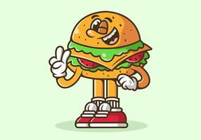 mascota personaje ilustración de un hamburguesa con mano formando paz símbolo vector