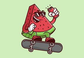 Character of red watermelon on the skateboard. Holding a beer can vector