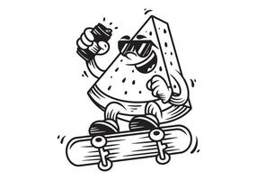 Line art character of watermelon jumping on the skateboard. Holding a beer can vector