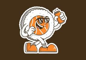 Mascot character illustration of walking sushi holding a beer can. Orange color vector