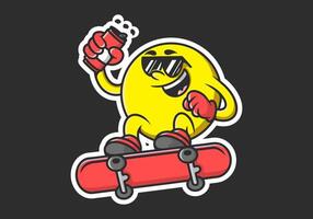 Character of yellow ball head jumping on the skateboard. Holding a beer can vector