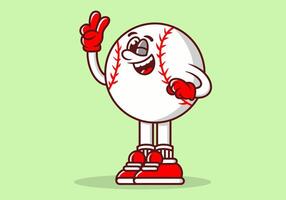 Character illustration of baseball ball with hands forming a symbol of peace. White red colors vector