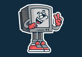 Mascot character of old monitor standing with hand forming a peace symbol. Gray color vector