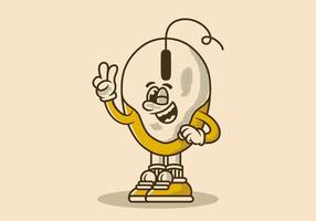 Vintage character illustration of a computer mouse with hands forming a symbol of peace vector