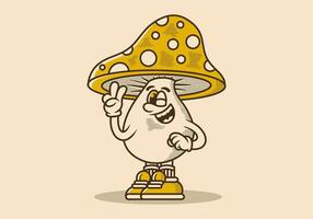 Character illustration of mushroom with hand form a symbol of peace. Yellow vintage color vector