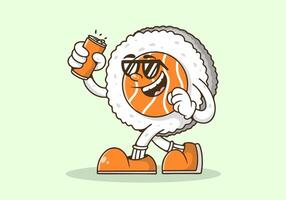 Mascot character illustration of walking sushi holding a beer can. Orange color vector