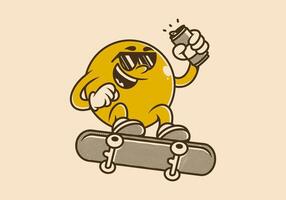 Vintage character of yellow ball head jumping on the skateboard. Holding a beer can vector