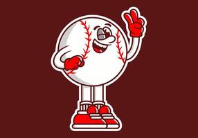 Character illustration of baseball ball with hands forming a symbol of peace. White red colors vector