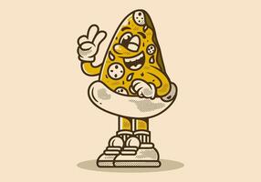 Mascot character illustration of a pizza with hand forming peace symbol vector