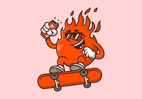 Red color of fire mascot character jumping on board. Holding a beer can vector