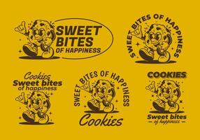 Sweet bites of happiness. Mascot character of a walking cookies in retro style vector