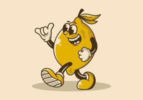 Vintage illustration of walking lemon mascot character vector