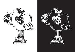 Black and white illustration of an apple character holding a beer can vector