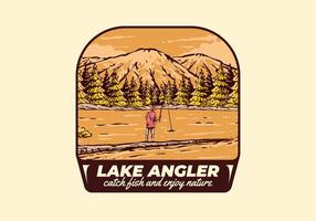 Vintage illustration of a man fishing on the lake with forest and mountain view vector