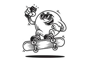 Line art character of ball head jumping on the skateboard. Holding a beer can vector