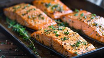 AI generated Close Up of Fresh Salmon Cooking on Pan photo