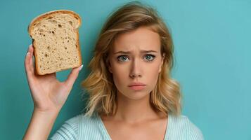 ai generado mujer participación un pan en frente de cara foto