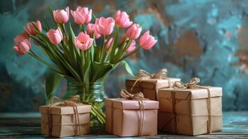 AI generated Pink Tulips Bouquet on Pink Cloth photo