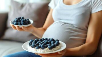 AI generated Pregnant Woman Holding Plate of Blueberries photo