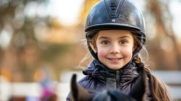 ai generado joven niña montando caballo con casco foto